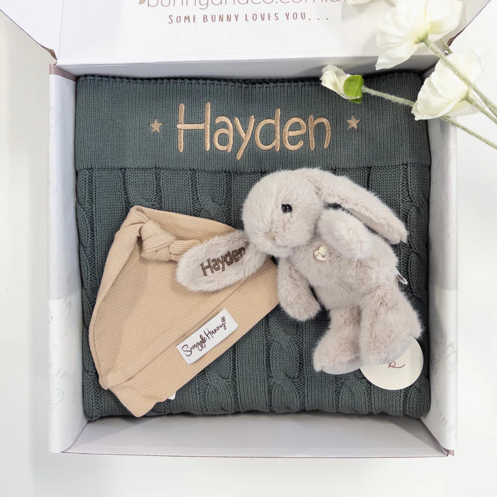 Personalised Bunny & Blanket Baby Hamper - Beige Forest