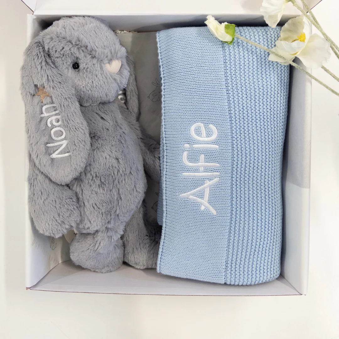 Personalised Bunny & Blanket Gift Hamper - Silver & Blue