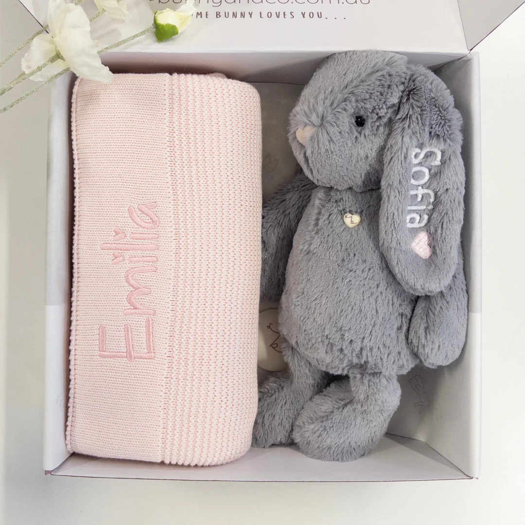 Personalised Bunny & Blanket Gift Hamper - Silver & Pink