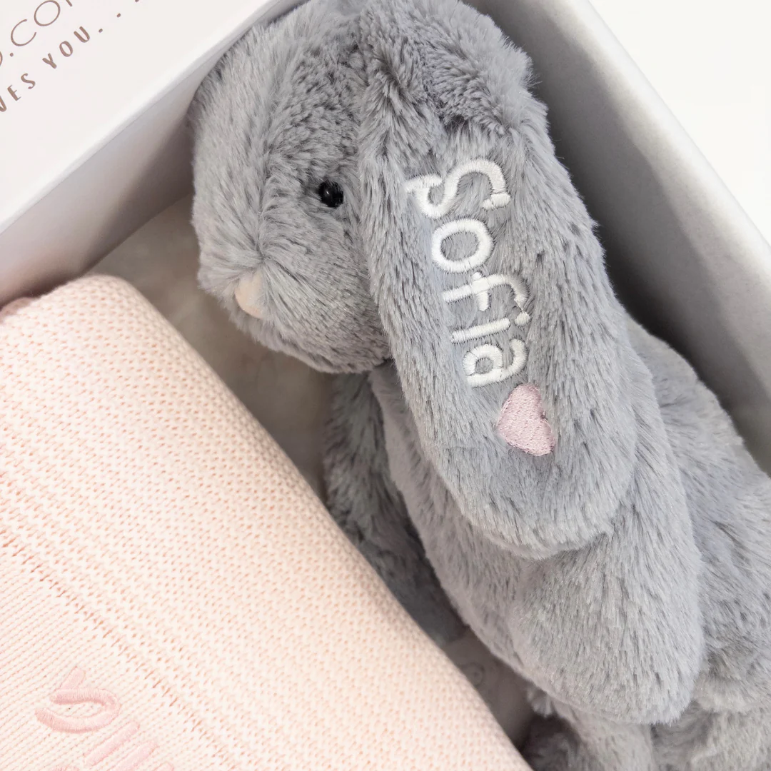 Personalised Bunny & Blanket Gift Hamper - Silver & Pink - Image 2