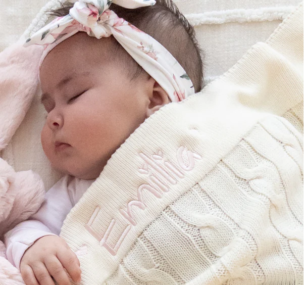 Personalised Caramel Bunny & Cream Cable Knit Blanket Baby Hamper - Image 2