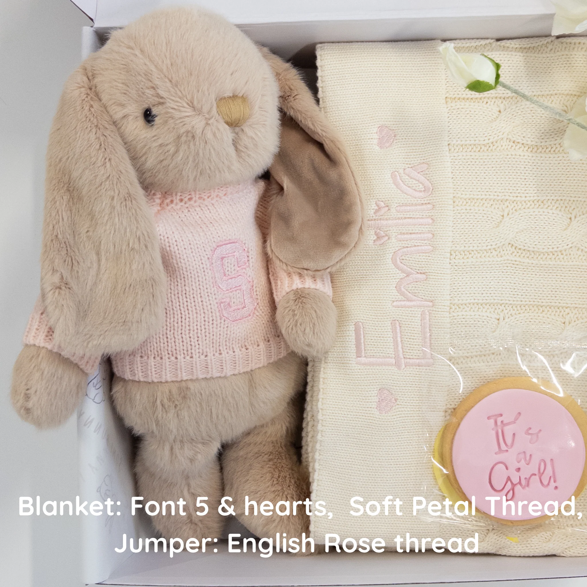 Personalised Caramel Bunny & Cream Cable Knit Blanket Baby Hamper - Image 4