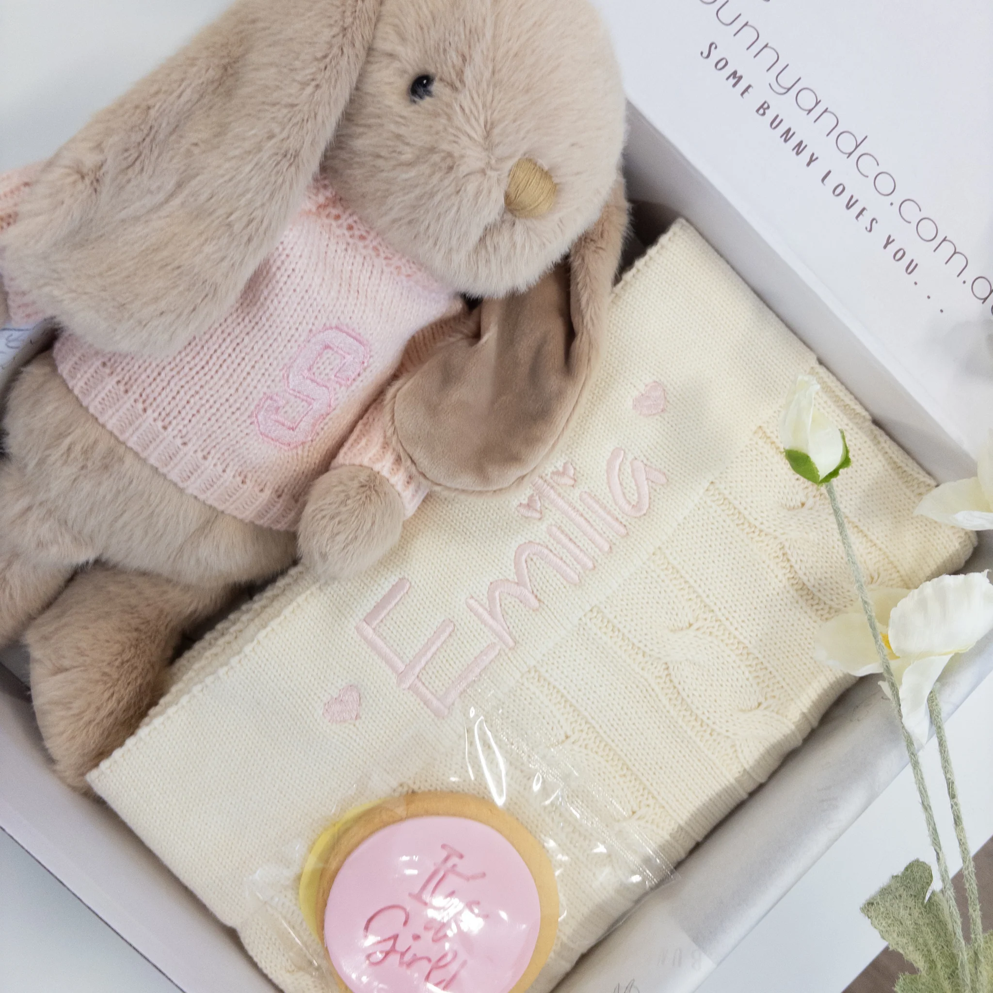 Personalised Caramel Bunny & Cream Cable Knit Blanket Baby Hamper - Image 5