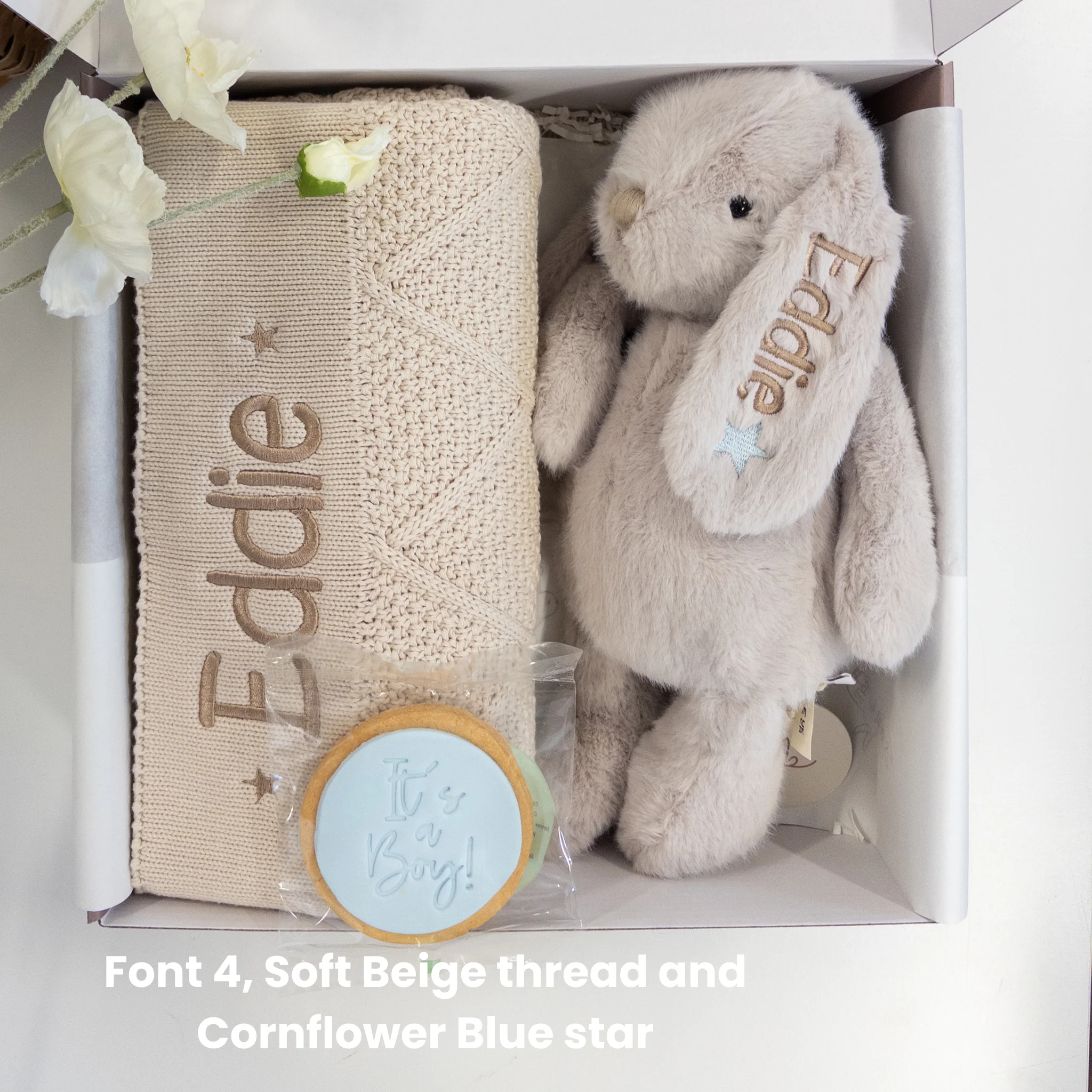 SAME-DAY Beige Bunny & Oatmeal Diamond Knit Blanket Baby Hamper - Image 6