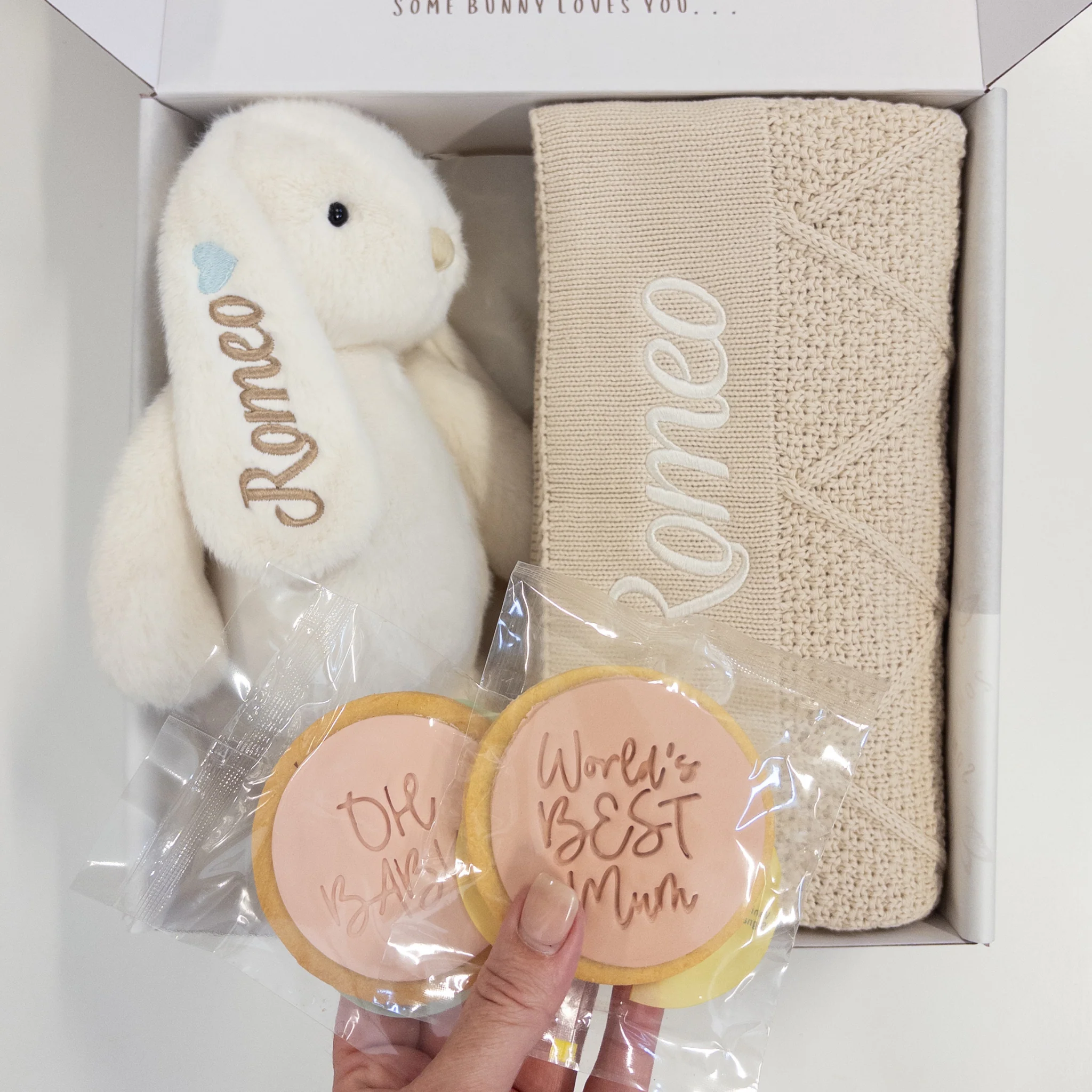 SAME-DAY Marshmallow Bunny & Oatmeal Diamond Knit Blanket Baby Hamper - Image 3