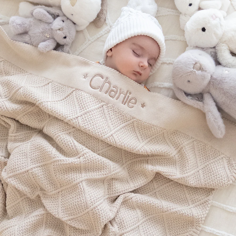 Personalised Marshmallow Bunny & Oatmeal Diamond Knit Blanket Baby Hamper - Image 3