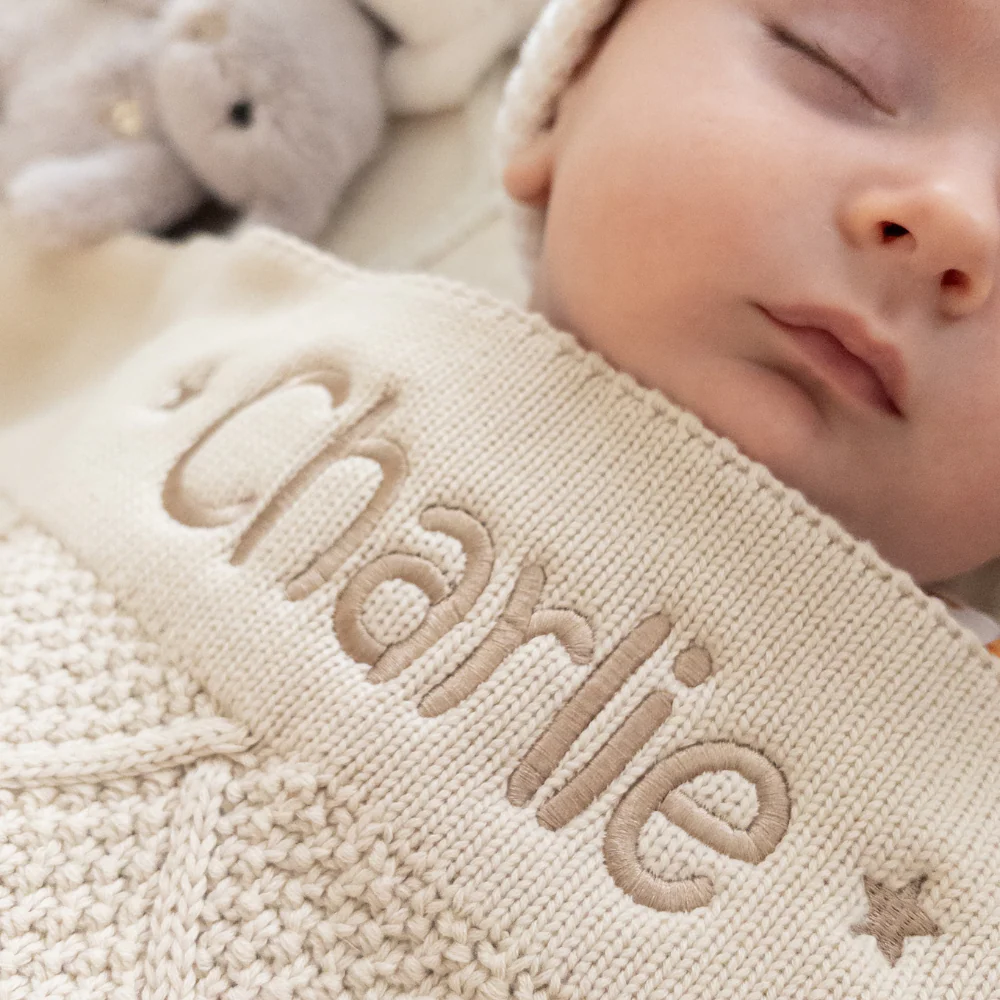 Personalised Marshmallow Bunny & Oatmeal Diamond Knit Blanket Baby Hamper - Image 4