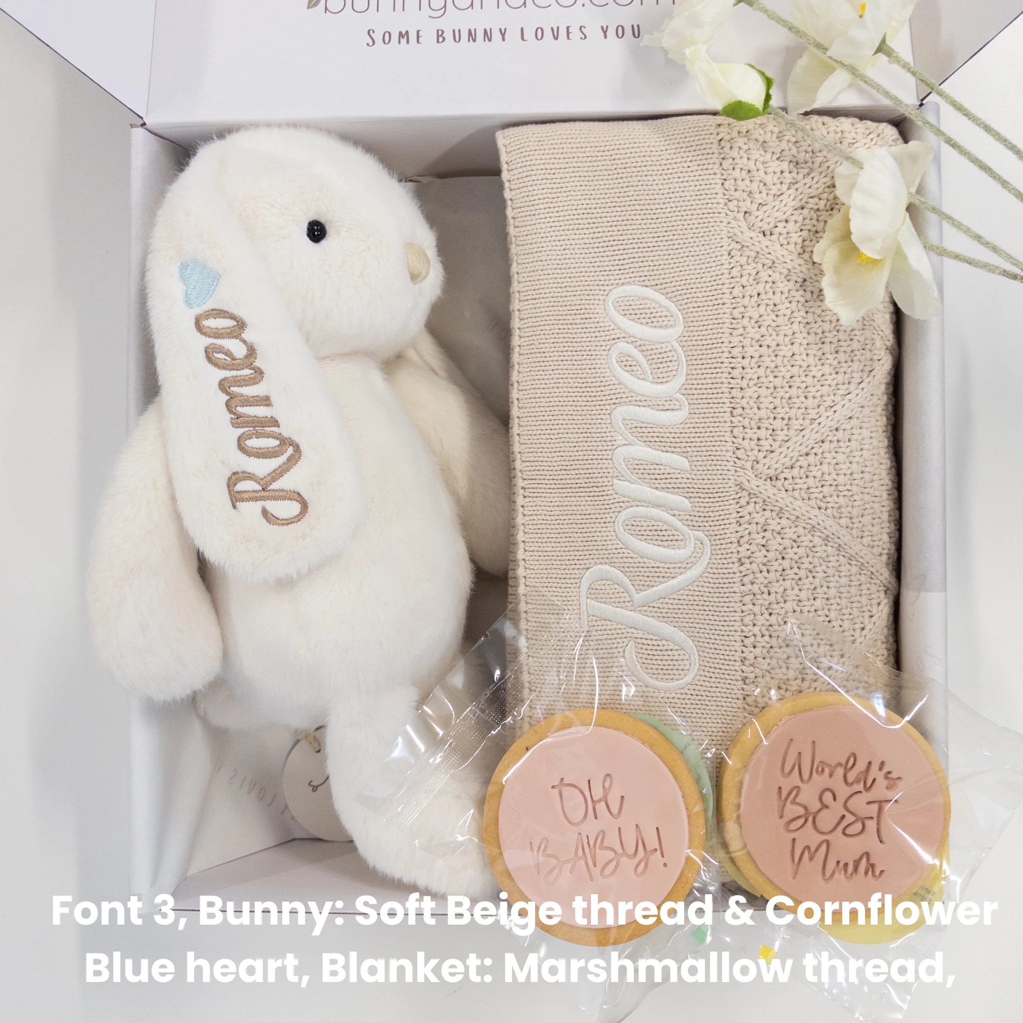 SAME-DAY Marshmallow Bunny & Oatmeal Diamond Knit Blanket Baby Hamper - Image 7