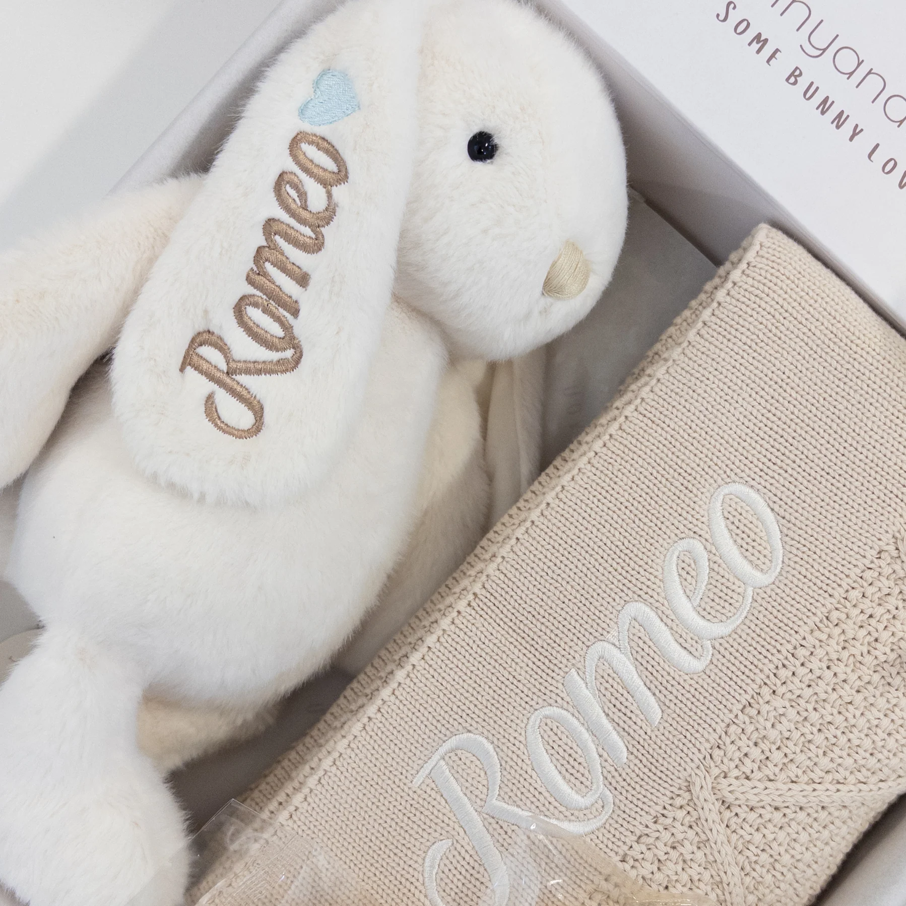 Personalised Marshmallow Bunny & Oatmeal Diamond Knit Blanket Baby Hamper - Image 13
