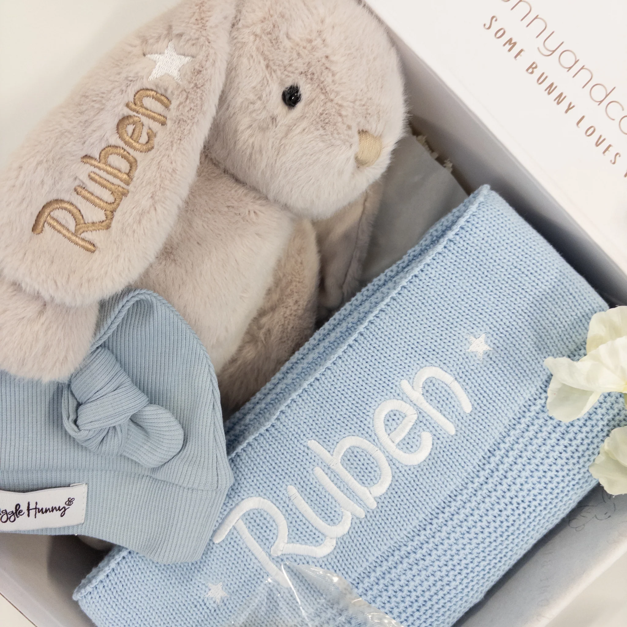 SAME-DAY Personalised Blue Knit Blanket & Beige Bunny Gift Hamper - Image 3