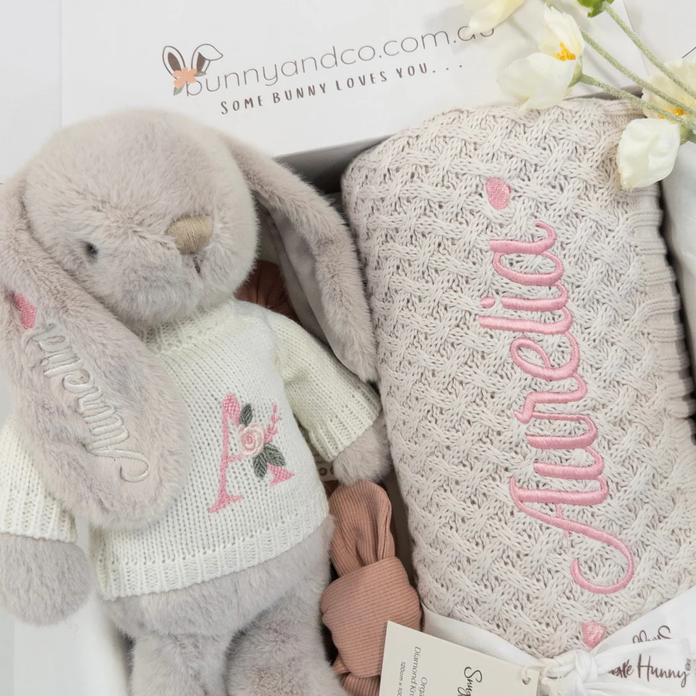 SAME-DAY Personalised Snuggle Bunny & Blanket Gift Box - Warm Grey - Image 5